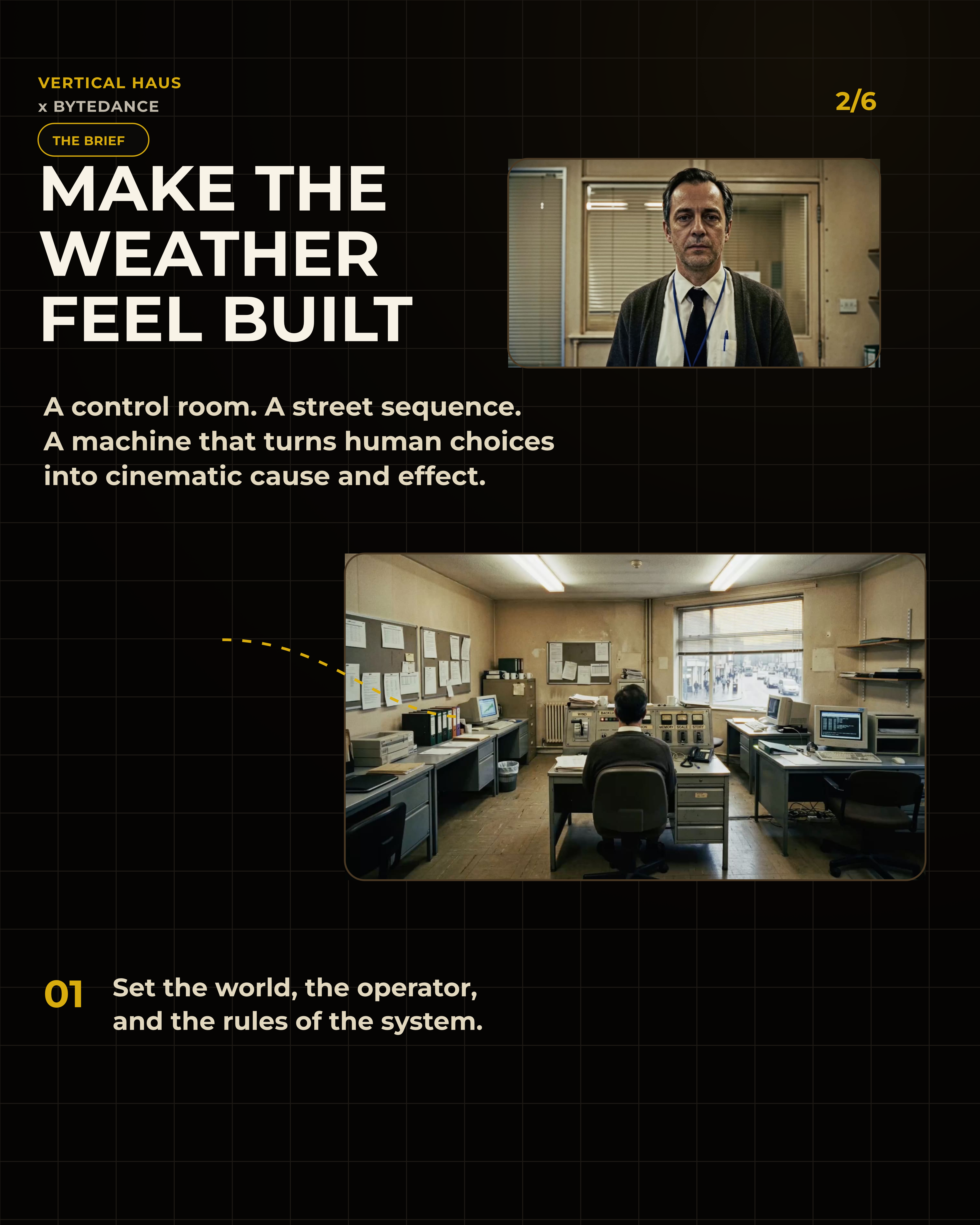 The brief slide showing the weather control room and street sequence concept