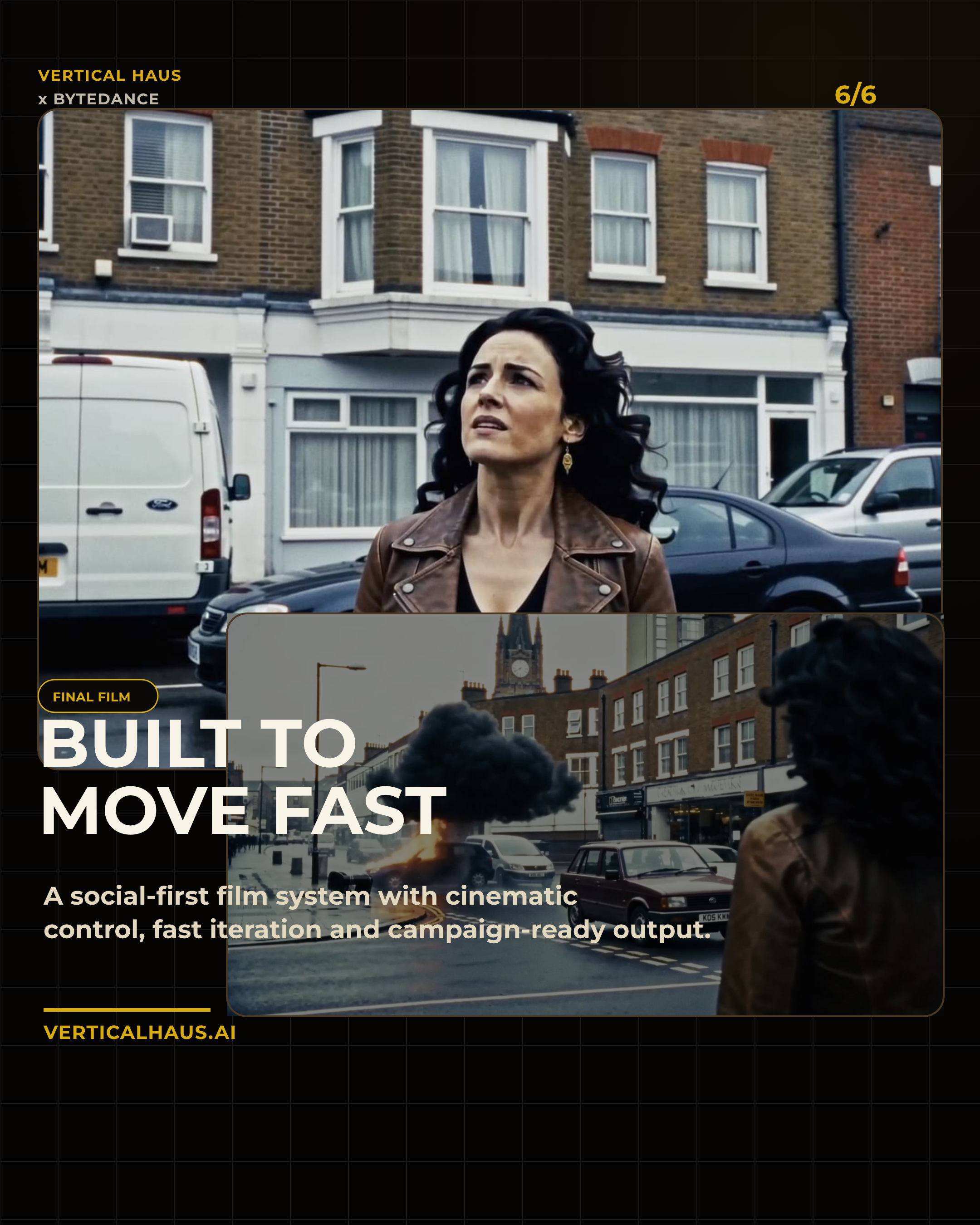 Final film slide showing the finished street sequence and built to move fast message