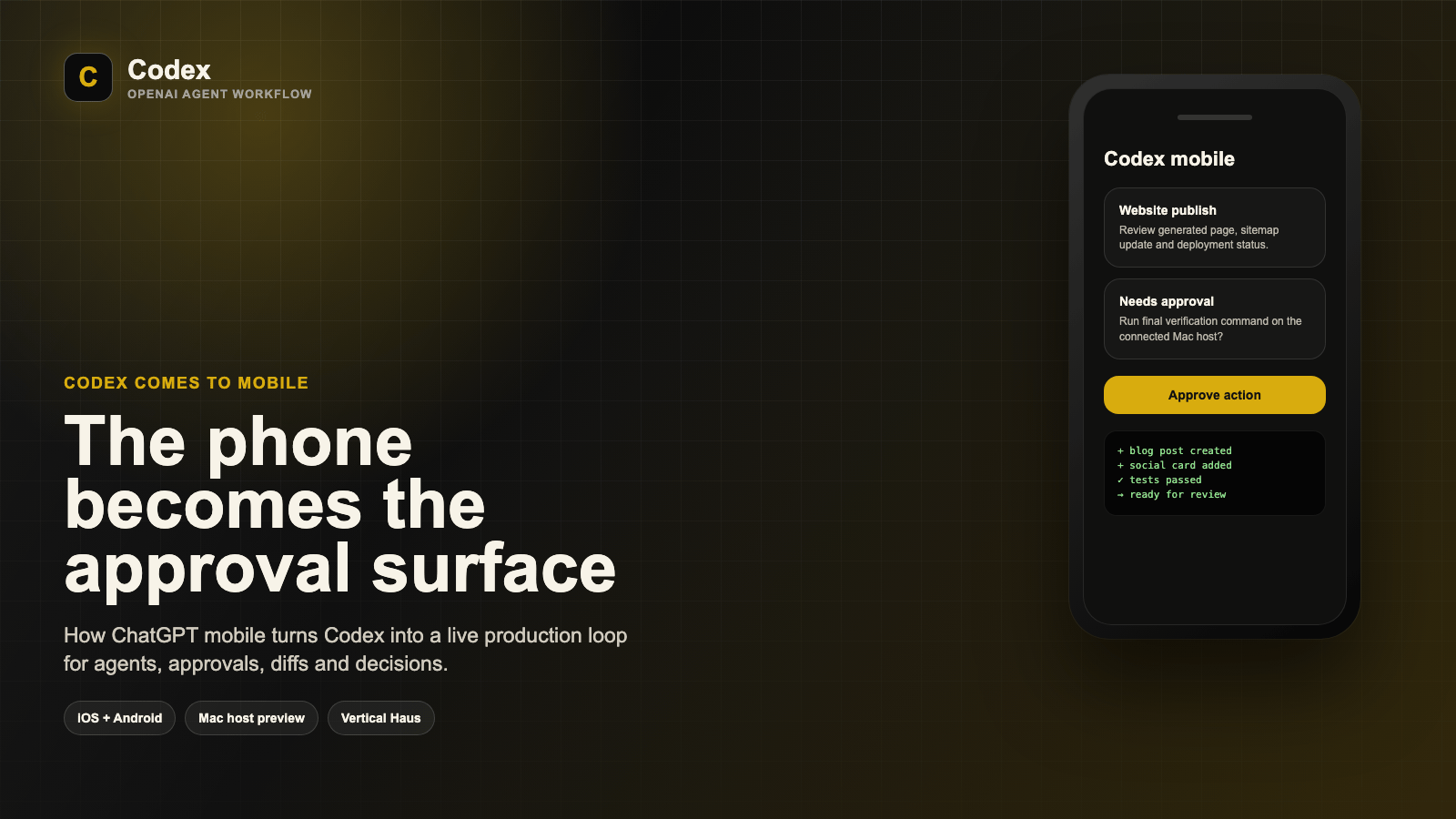 Codex mobile hero image showing a phone approval surface for agentic production workflows