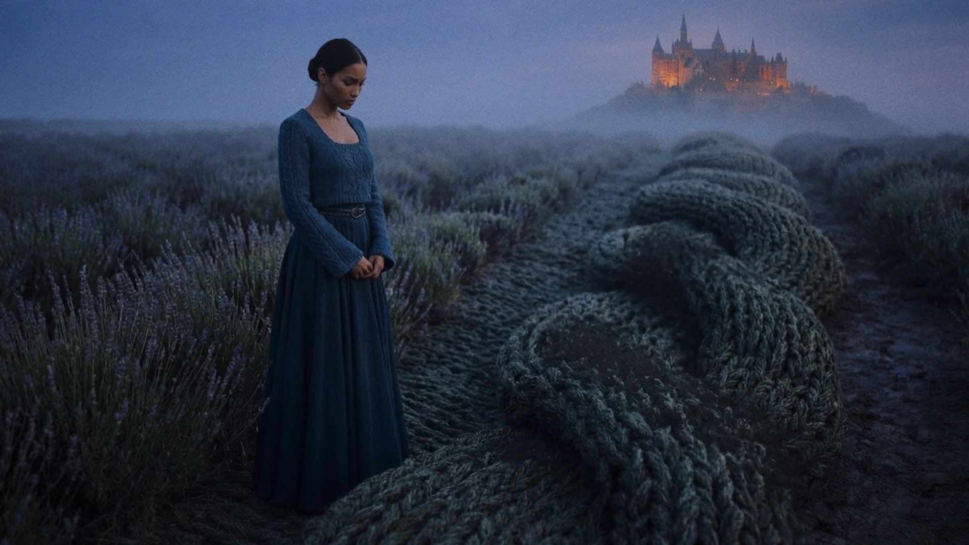 Elyna standing near a cable-knit landscape with a castle in the distance