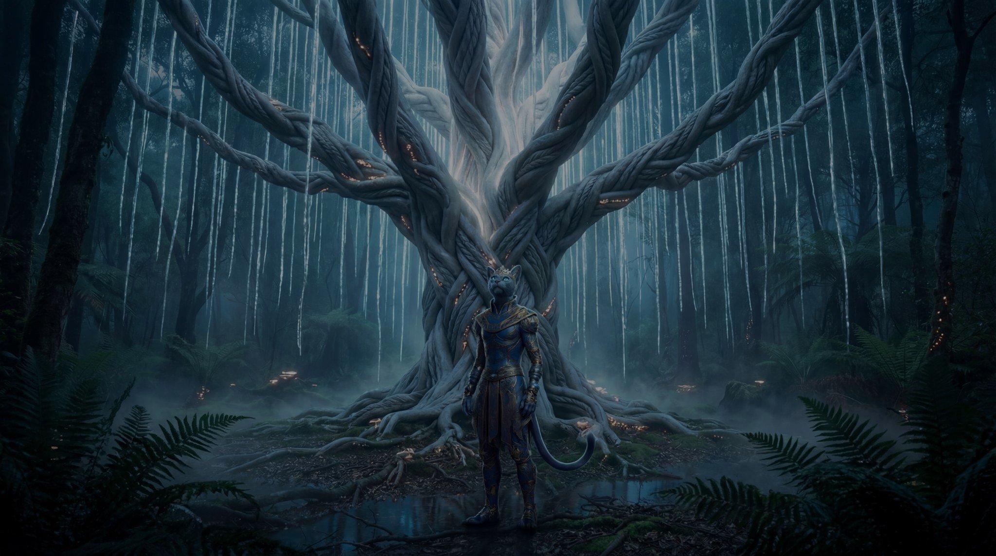 Parsifal beneath a giant cable-knit tree in the forest