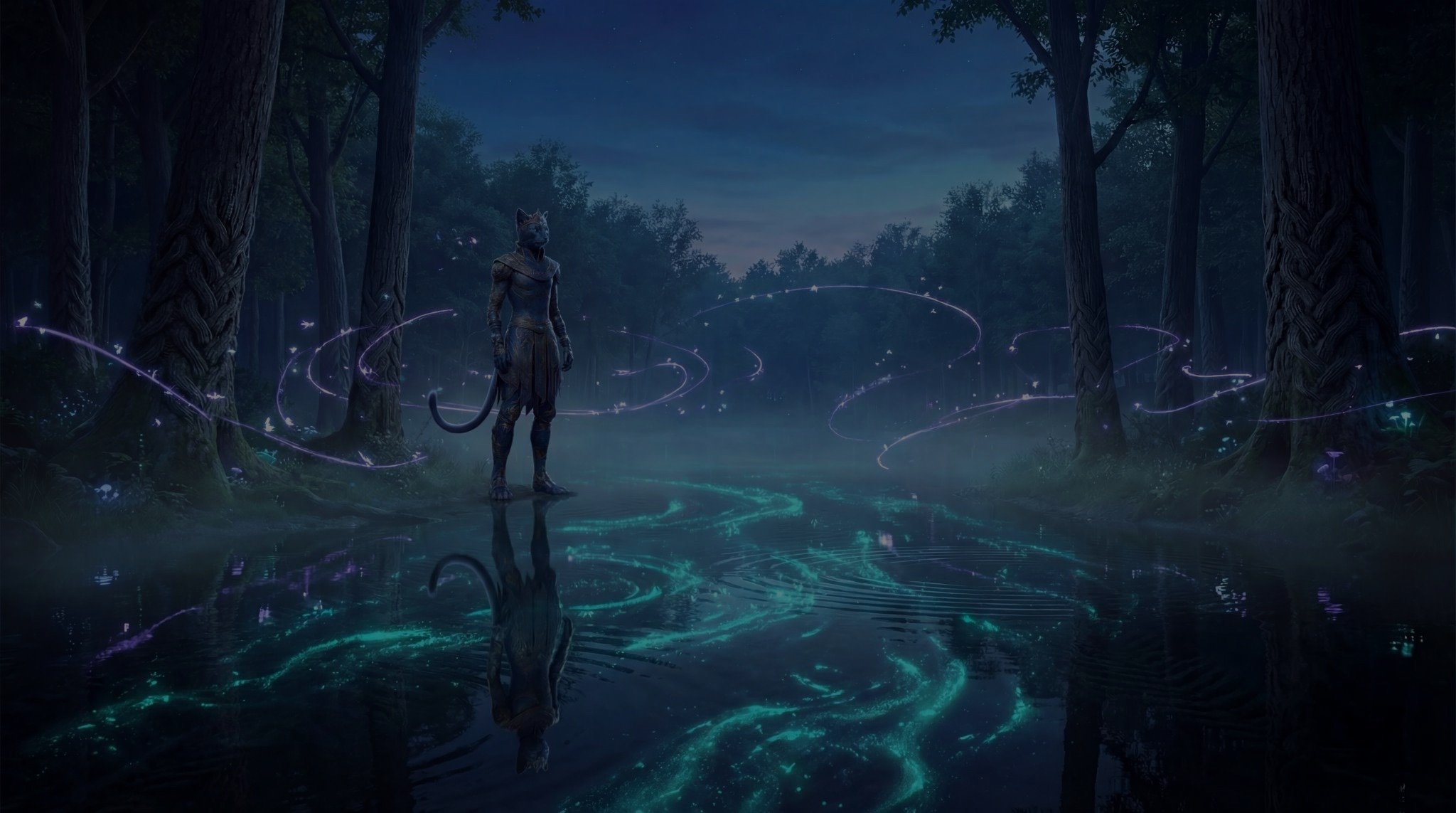 Parsifal standing in a mystic lake filled with glowing fiber patterns