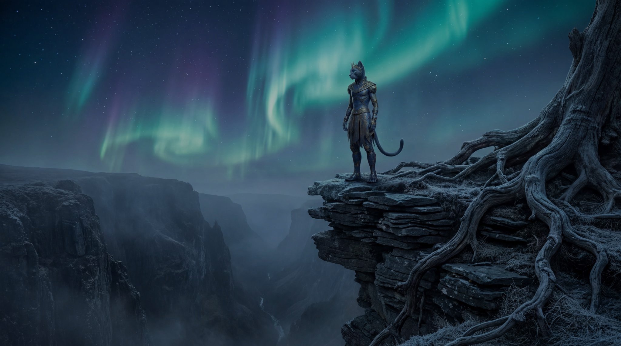 Parsifal standing under northern lights on a rocky overlook