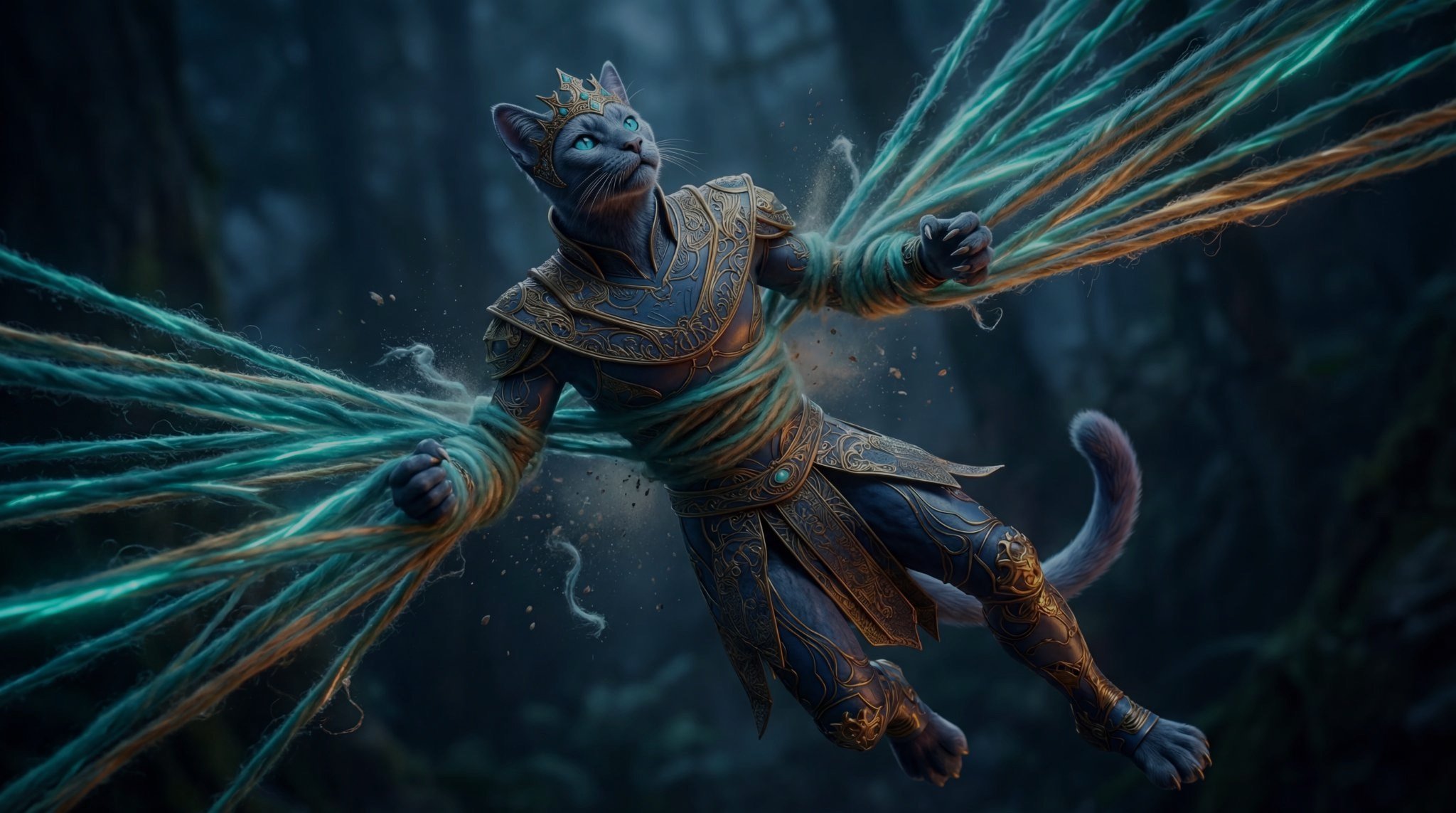 Parsifal caught in glowing teal and amber fiber strands